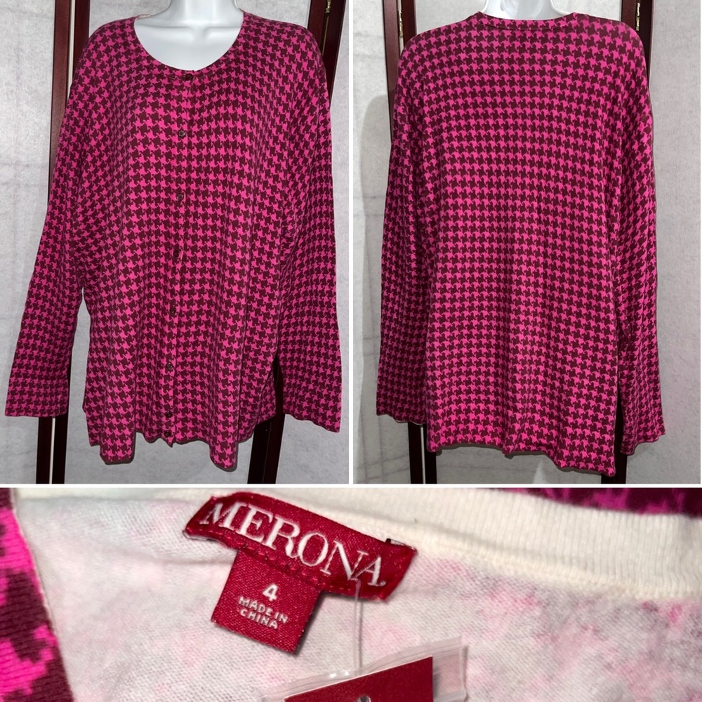 Houndstooth Cardigan Magenta Pink and Burgundy Plus Size 4 (4X)